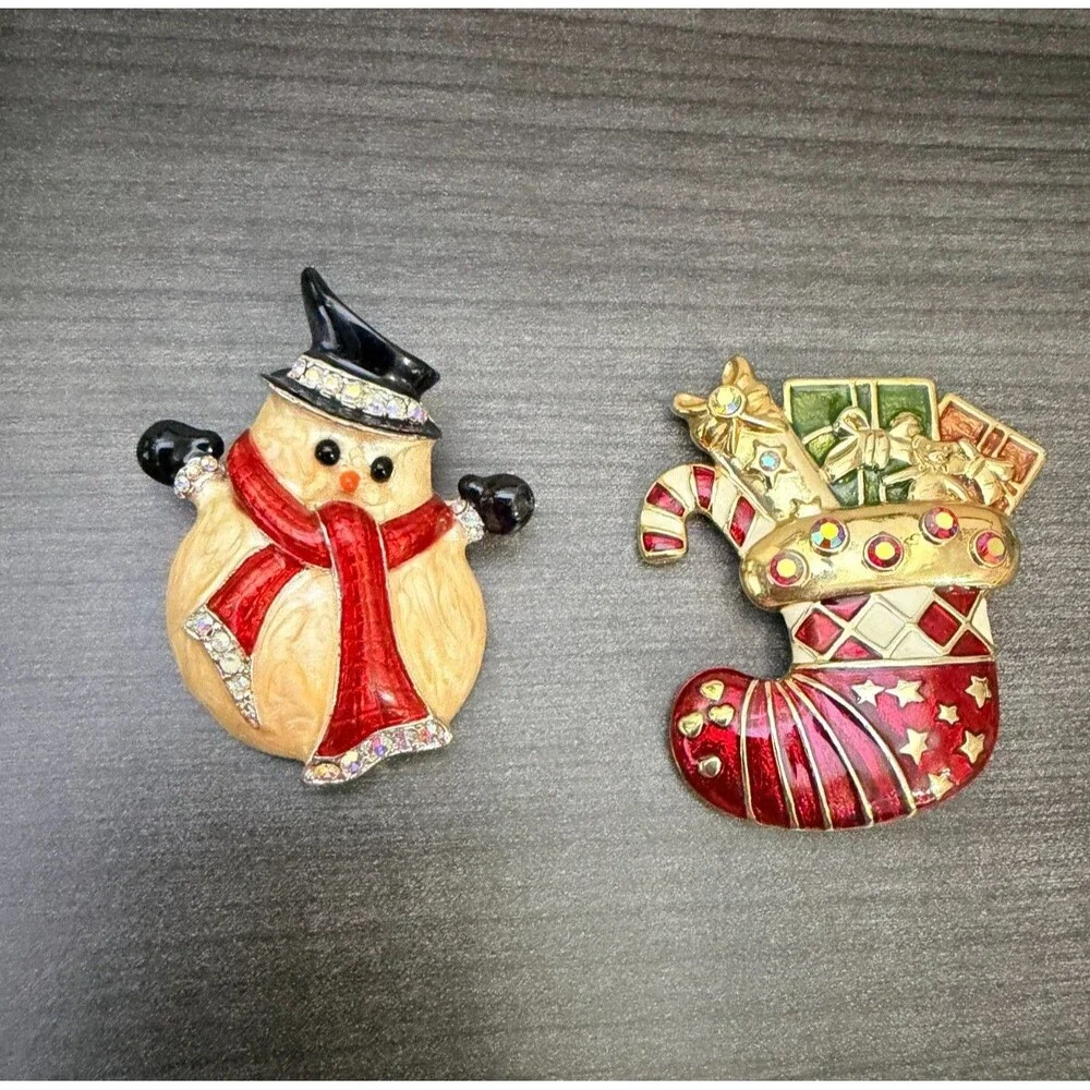Christmas Brooch Pin Lot Snowman Stocking Gifts Rhinestone Enamel Gold Tone